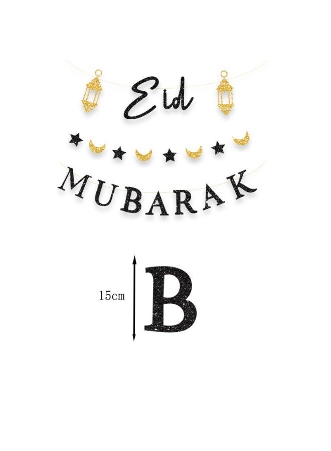 2 Sets 6 PCS Eid Mubarak Glitter Banner Decoration, Black & Gold Hanging Bunting Garland, Moon Star Lantern Background, Islamic Party Supplies for Home Wall Decor (2 Styles Mixed) - Image 3